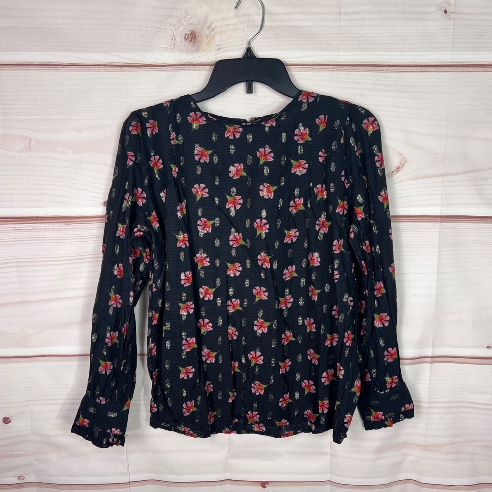 LOFT Top Womens PM Black Floral Blouse Long Sleeve High Neck Pullover Woven